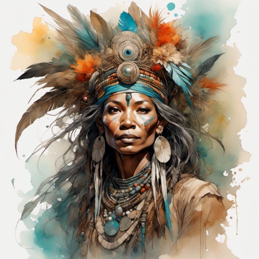 Detailed Color Sketch of a Tribal Witch Doctor