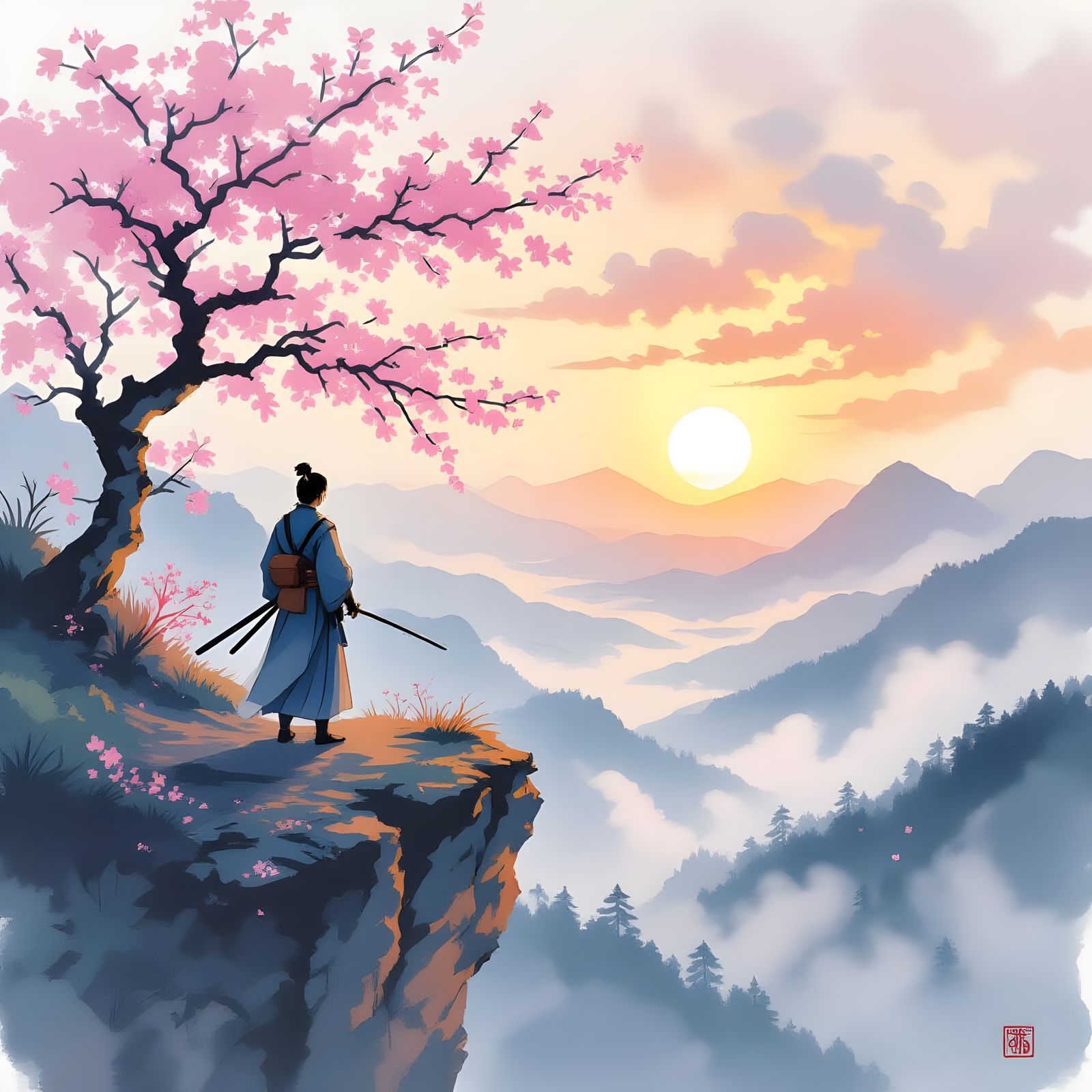 Samurai Warrior at Dawn Over Misty Valley, Watercolor Style