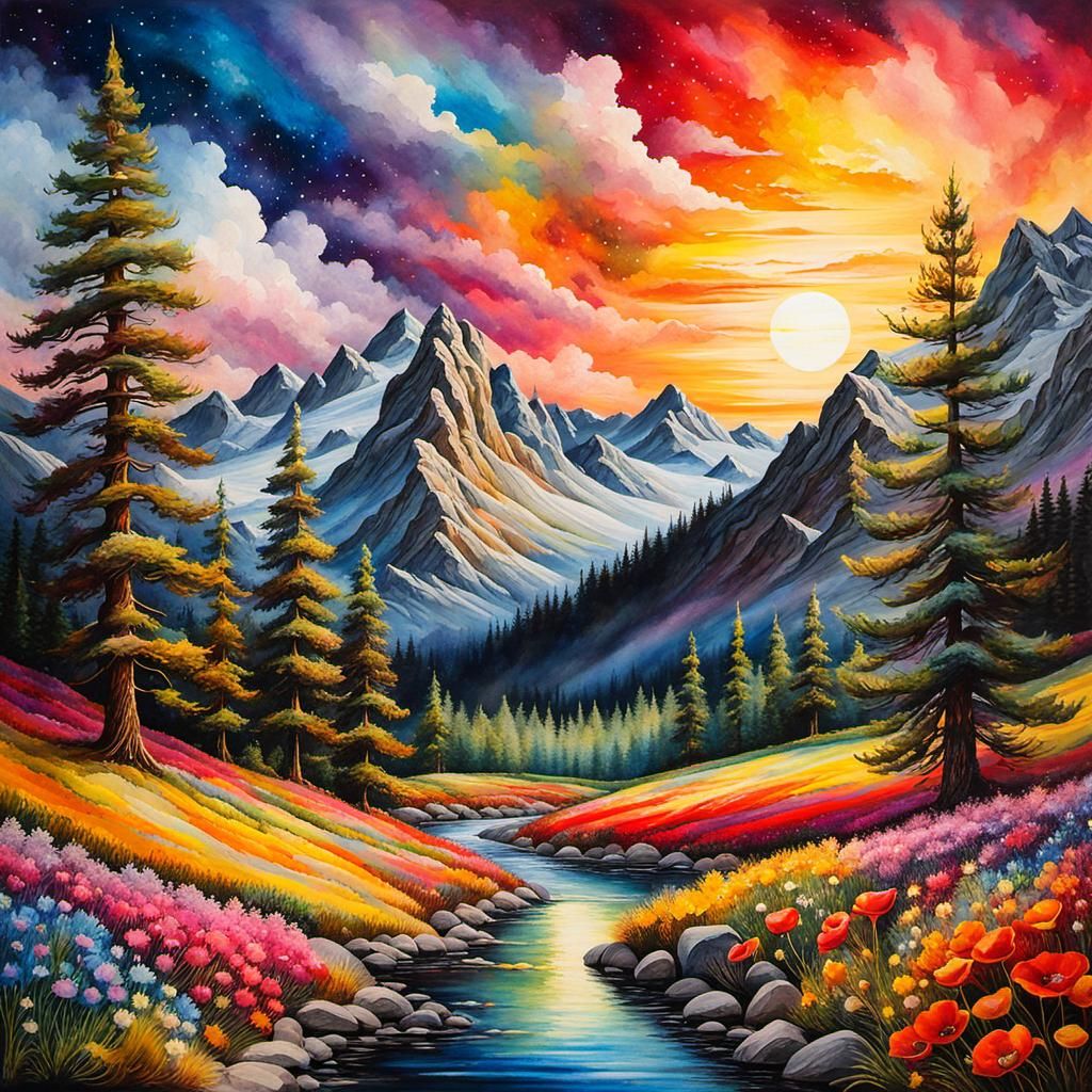 Rainbow Landscape Painting with Luminous Details