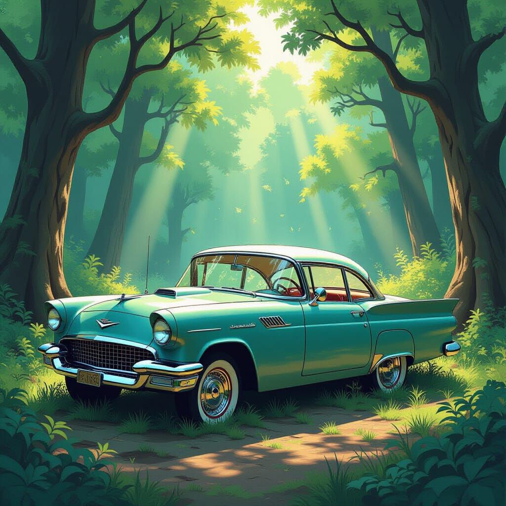 Abandoned Vintage Car in Enchanted Forest Clearing