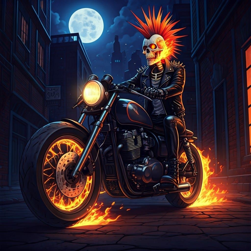 Punk Skeleton Rides Motorcycle in Anime Style