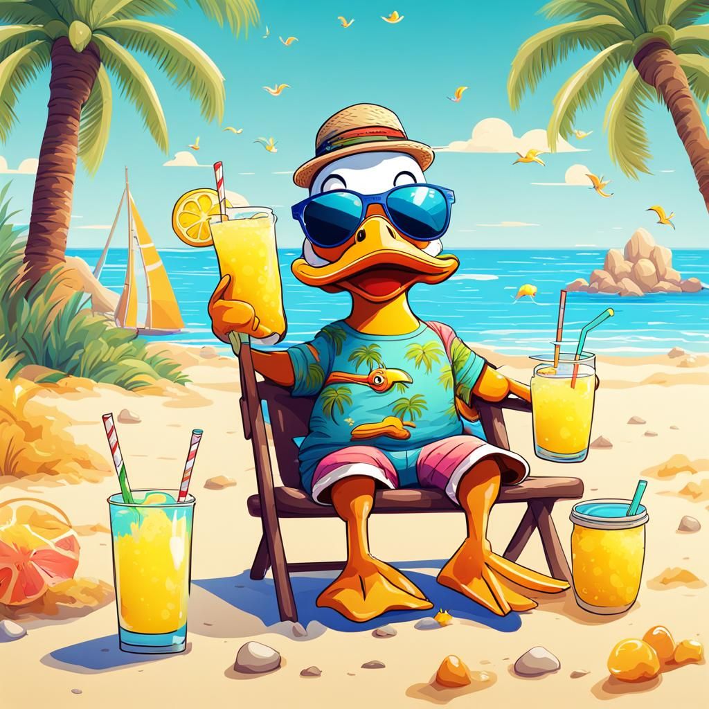 Cartoon Duck on Beach with Lemonade