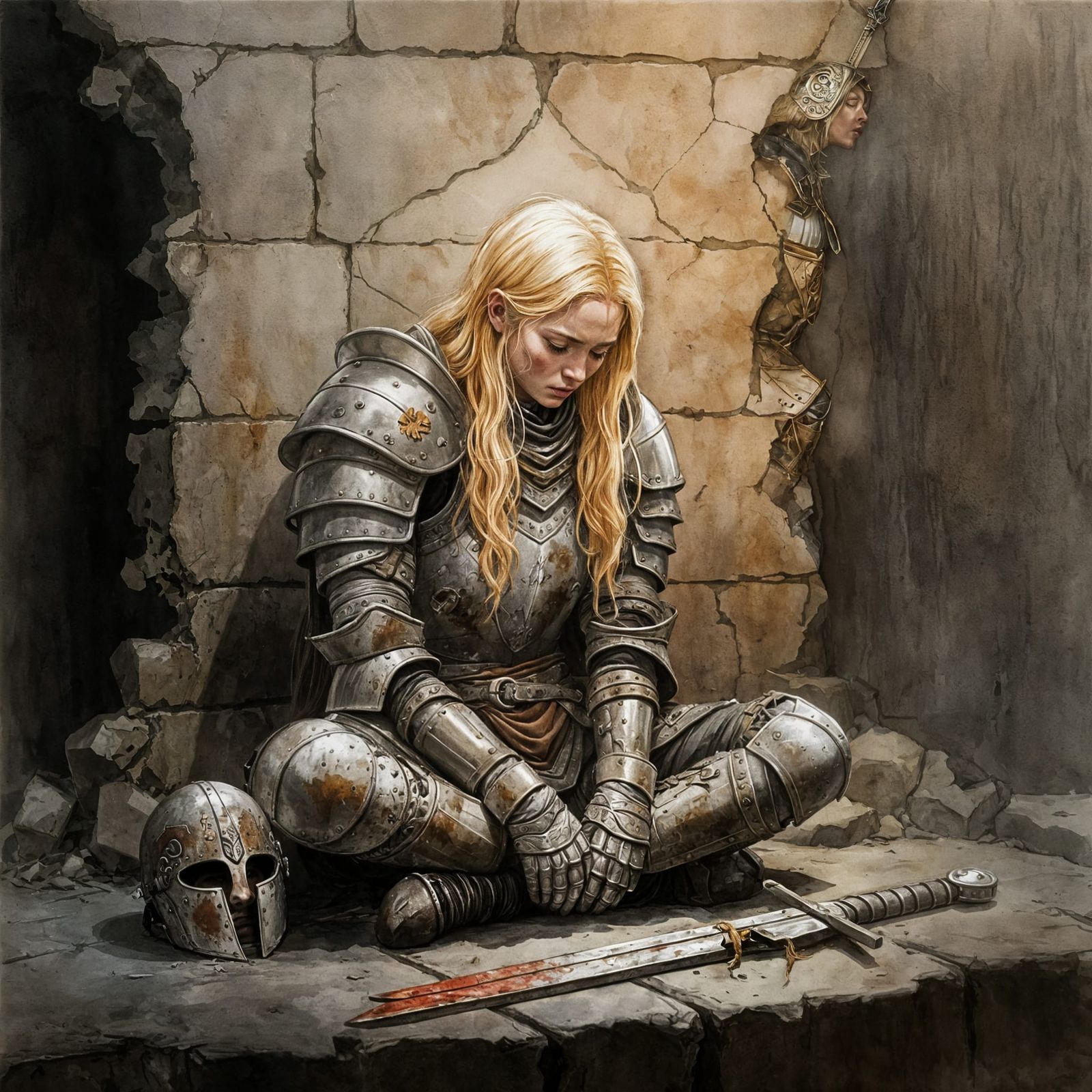 Sorrowful Female Warrior Meditating in Egerkrans Style