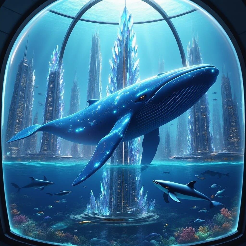 Futuristic Underwater City With Crystal Towers and Whales