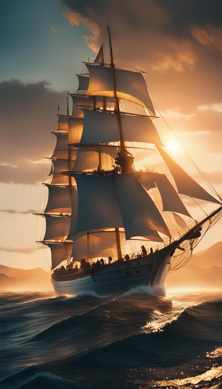 Mystical Sailing Ship at Sunset in Anime Style