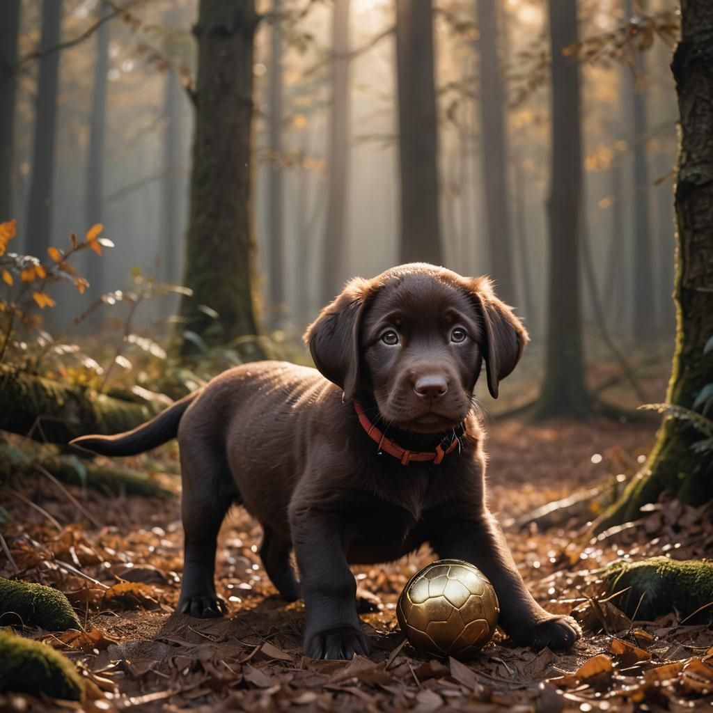Chocolate Lab Puppy Playing in Golden Forest