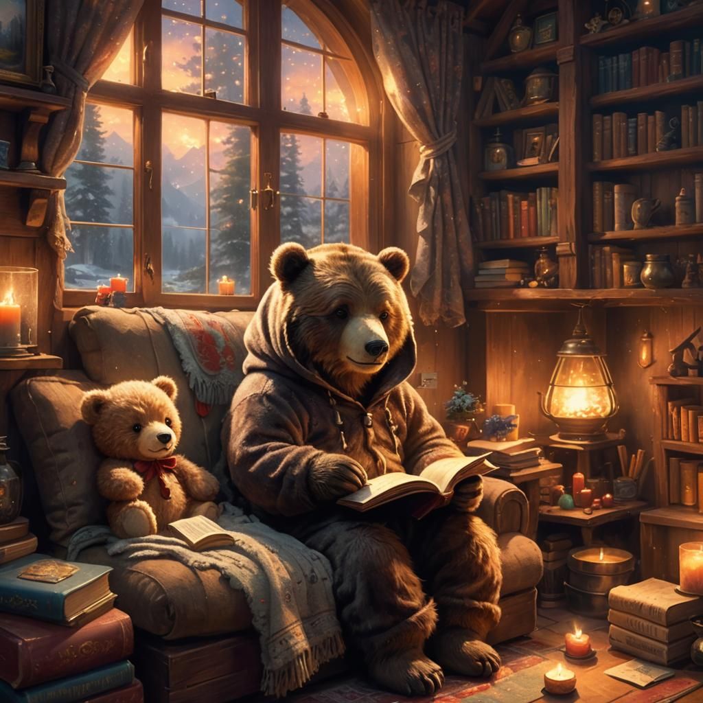 Cozy Bear in a Tiny Home: Kinkade-Inspired Fantasy