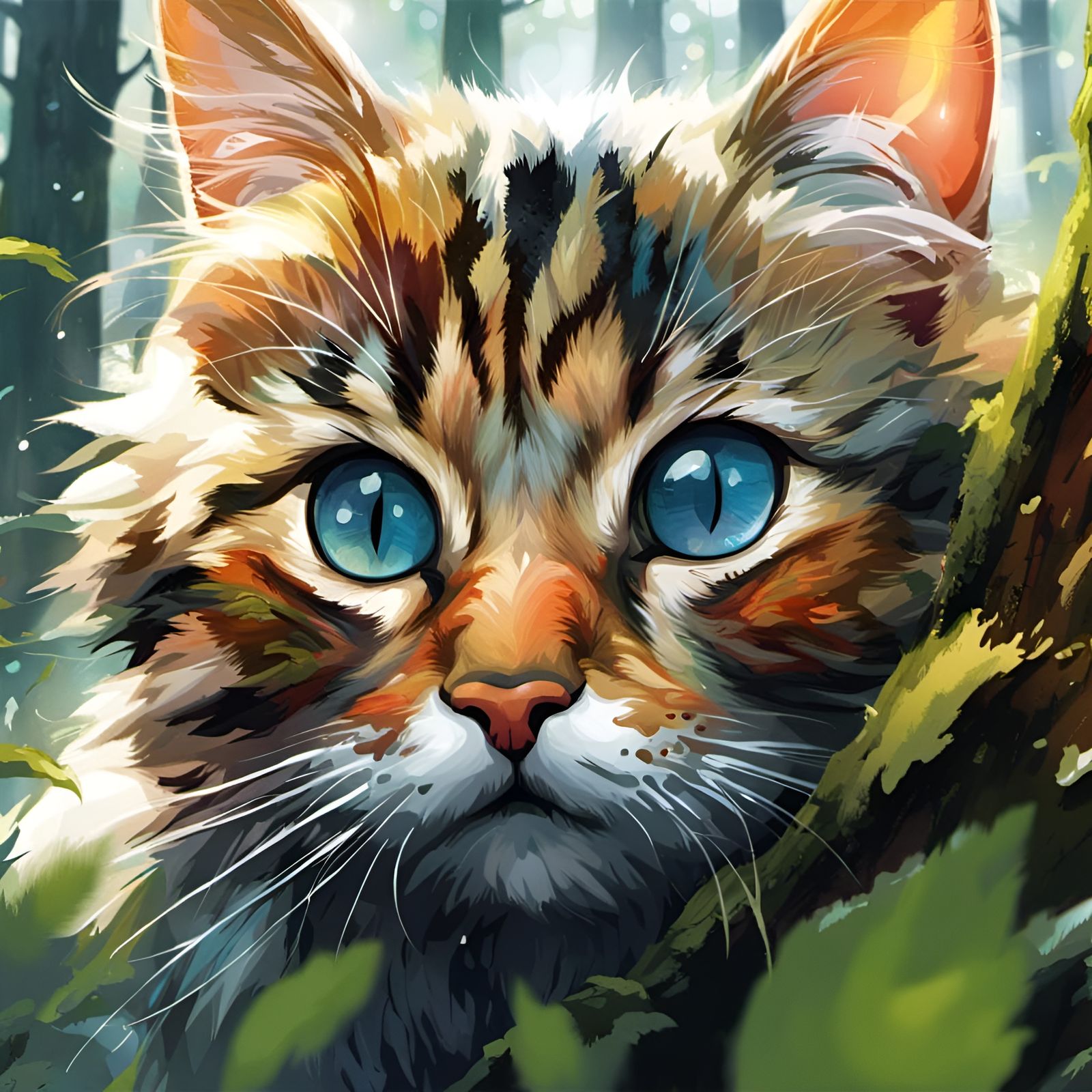 Adorable Cat in Forest, Detailed Digital Painting