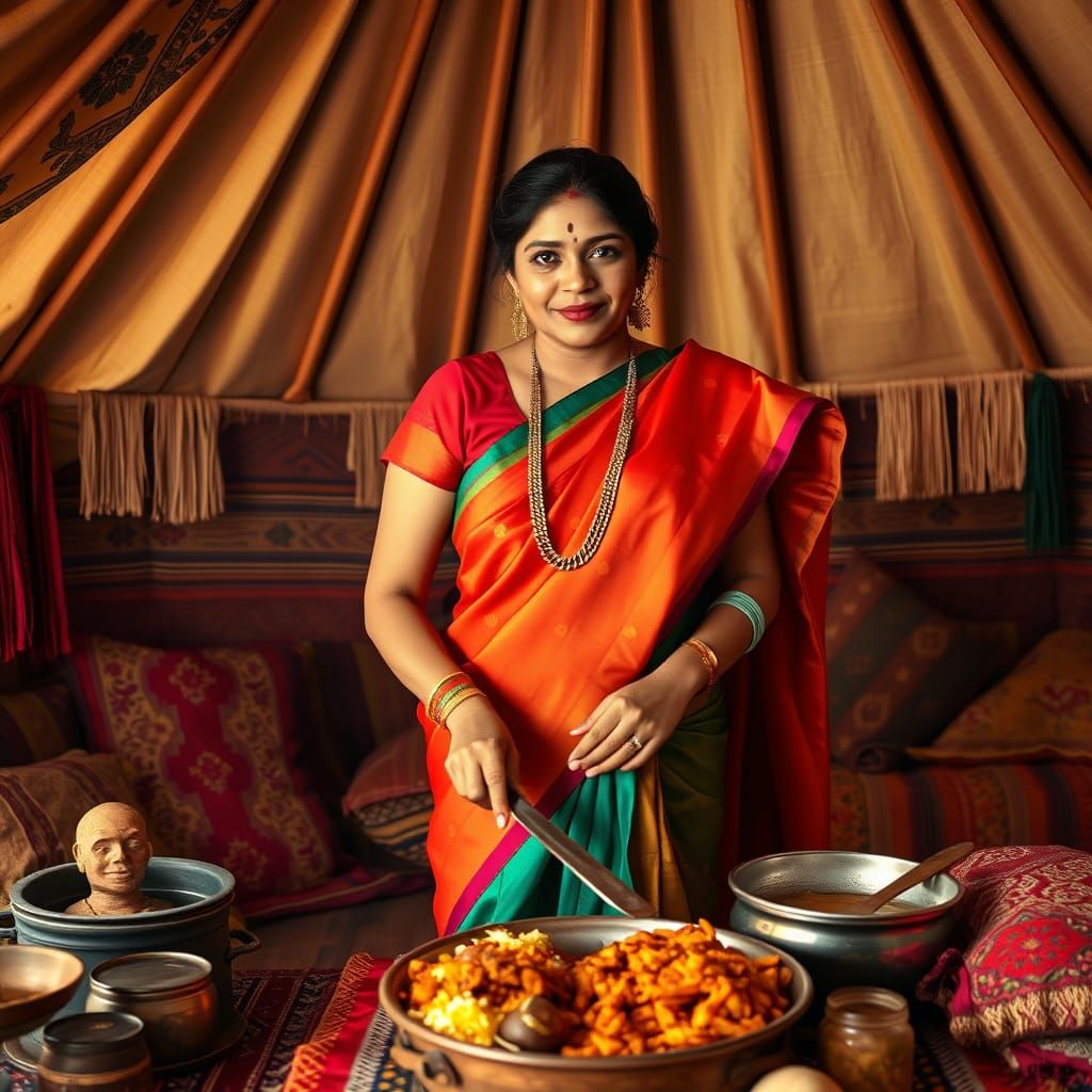 Indian Woman Cooking in Mongolian Ger, Documentary Style
