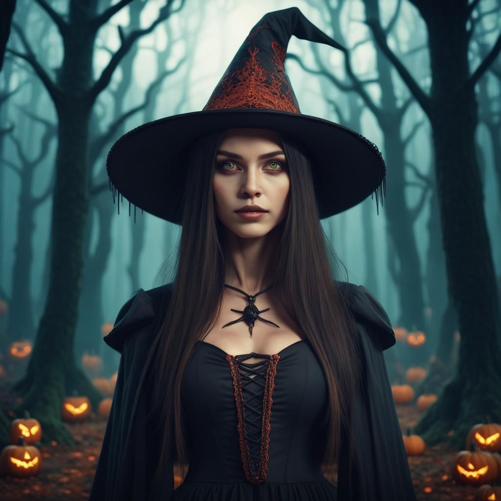Young Halloween Witch in a Detailed Matte Painting