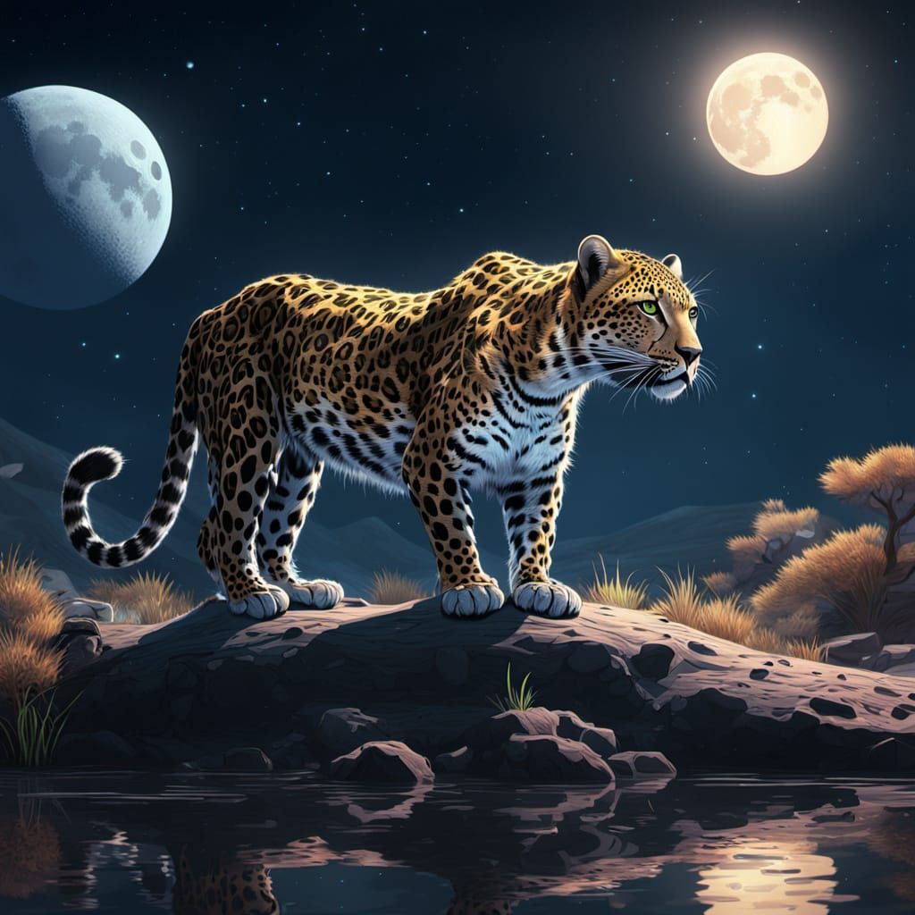Leopard Drinks at Moon Watering Hole in Vibrant Digital Pain...