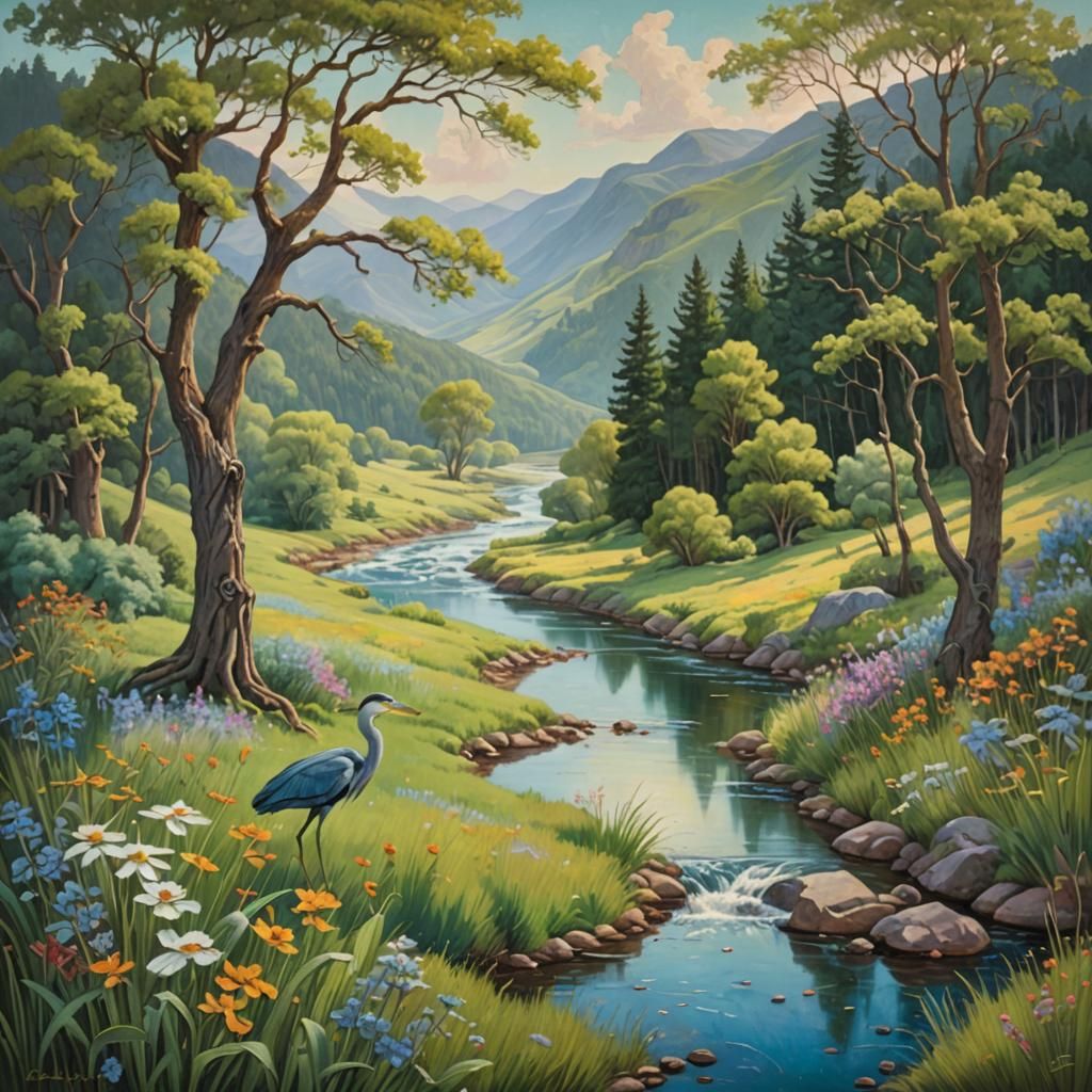 Whimsical Heron in Colorful Landscape Oil Painting