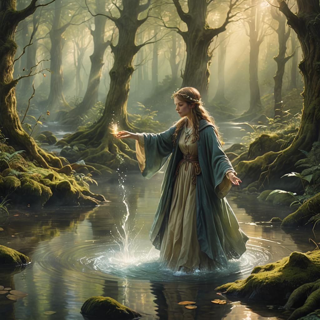 Sorceress Casting Water Magic in Mystical Forest