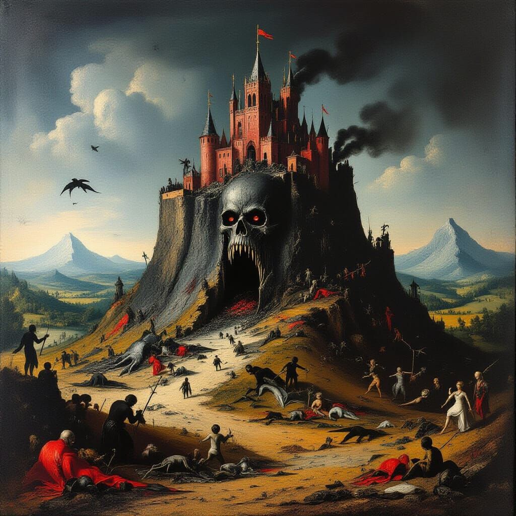 Bosch-Inspired Stronghold Over Devastated Battlefield