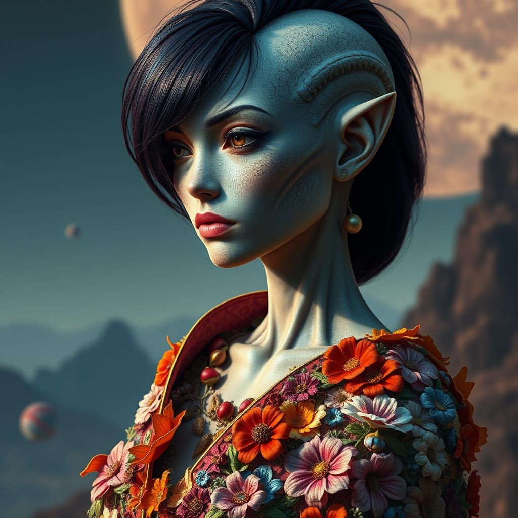 A Female Alien in a Floral Attire Contemplates Mars in a Dra...