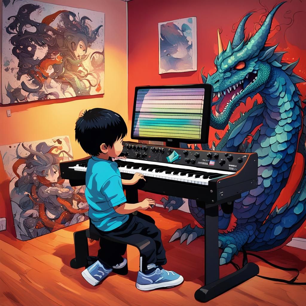 Child Plays Synthesizer in Anime-Decorated Room