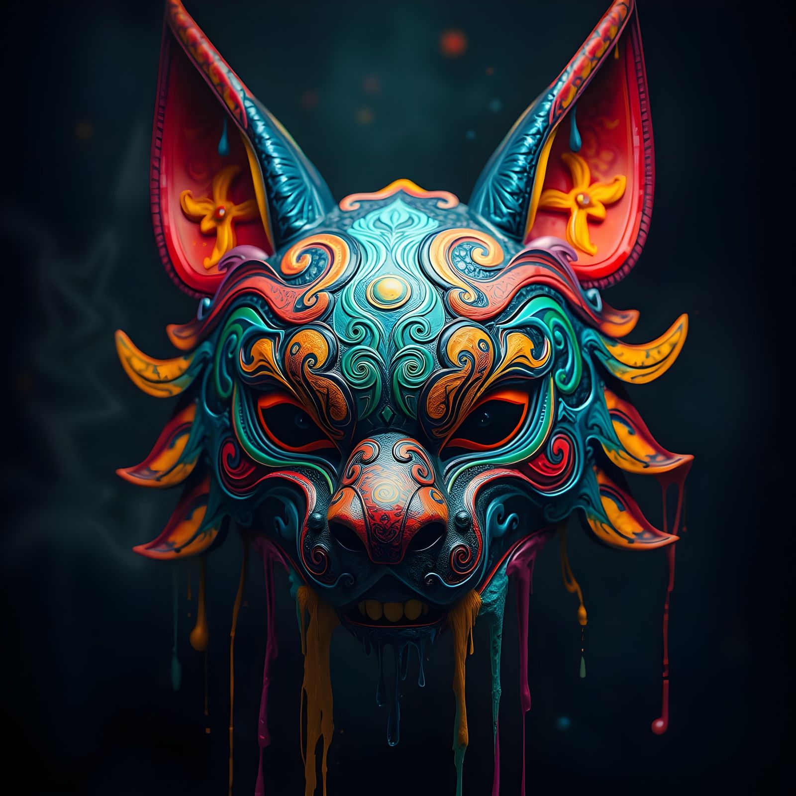 Detailed Kitsune Mask Melting in Colorful Tears