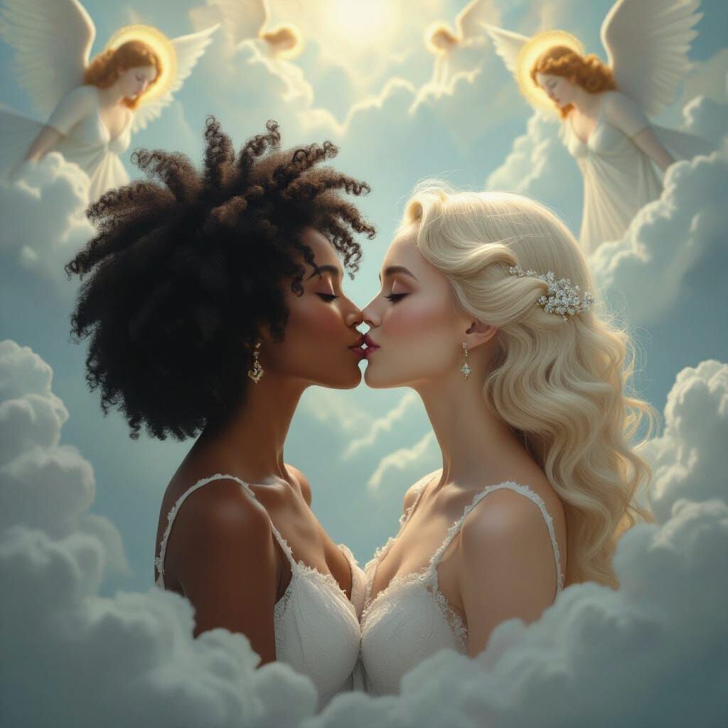 Two Women Kissing in Surreal Dreamscape, Ethereal Quality