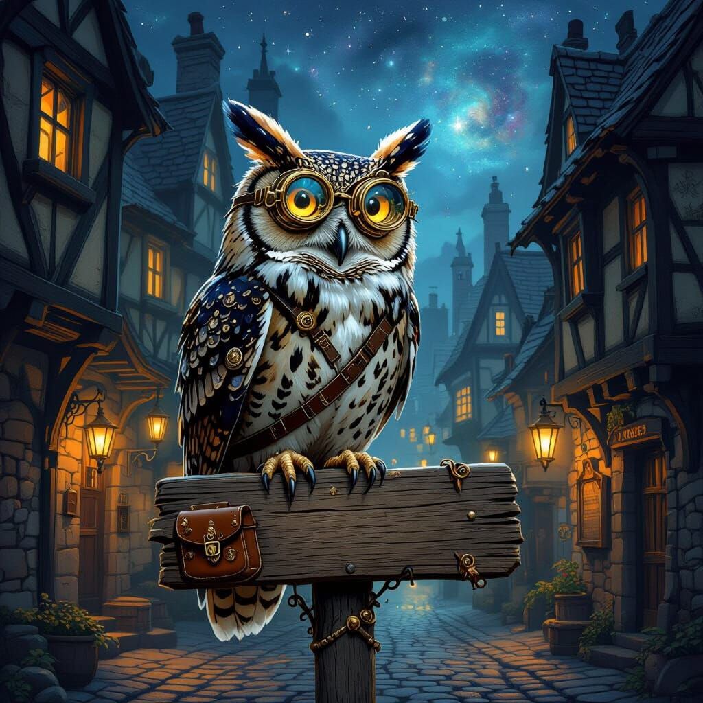Steampunk Owl on Tavern Signpost in Lantern Light