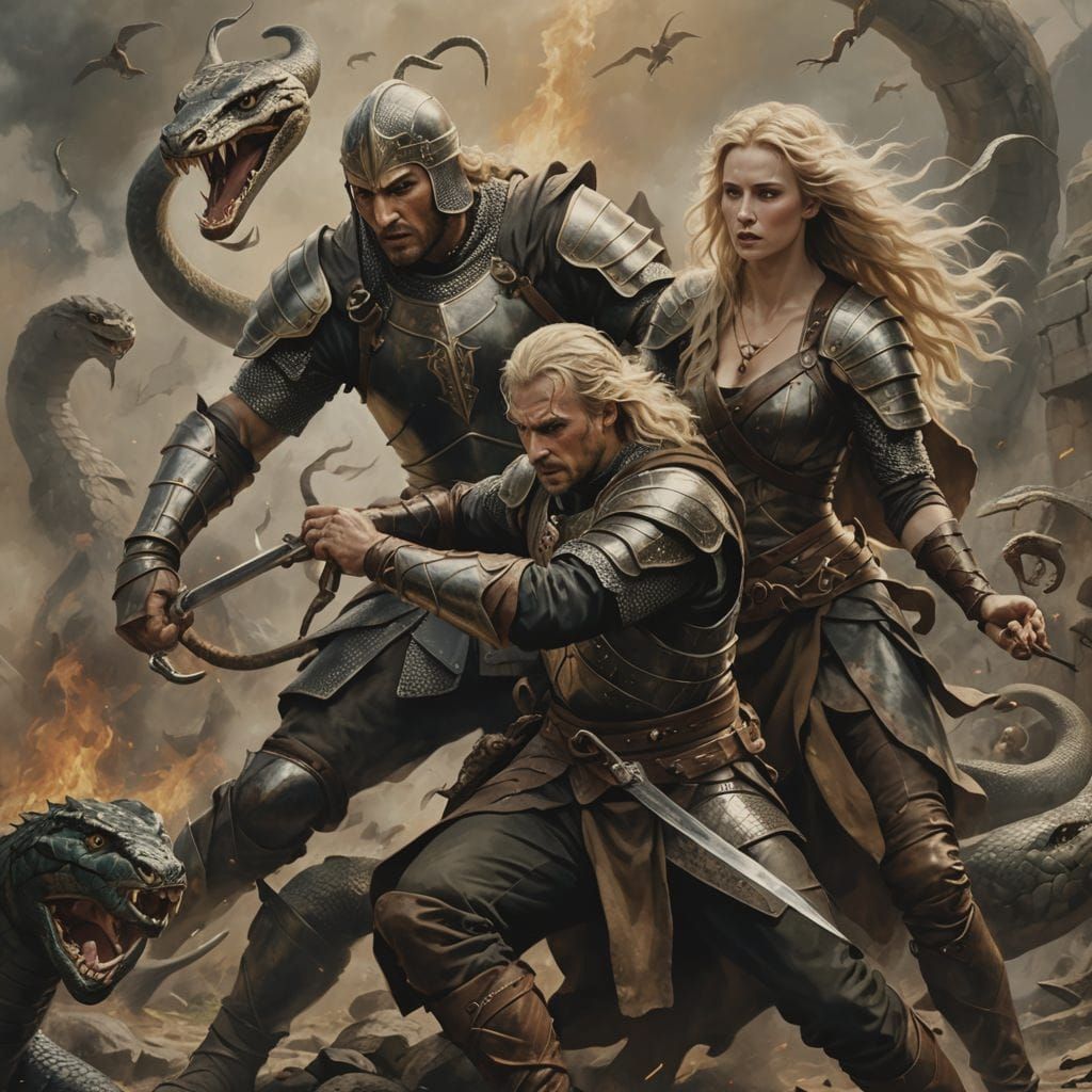 Medieval Warrior's Struggle: Anime Fantasy Oil Painting