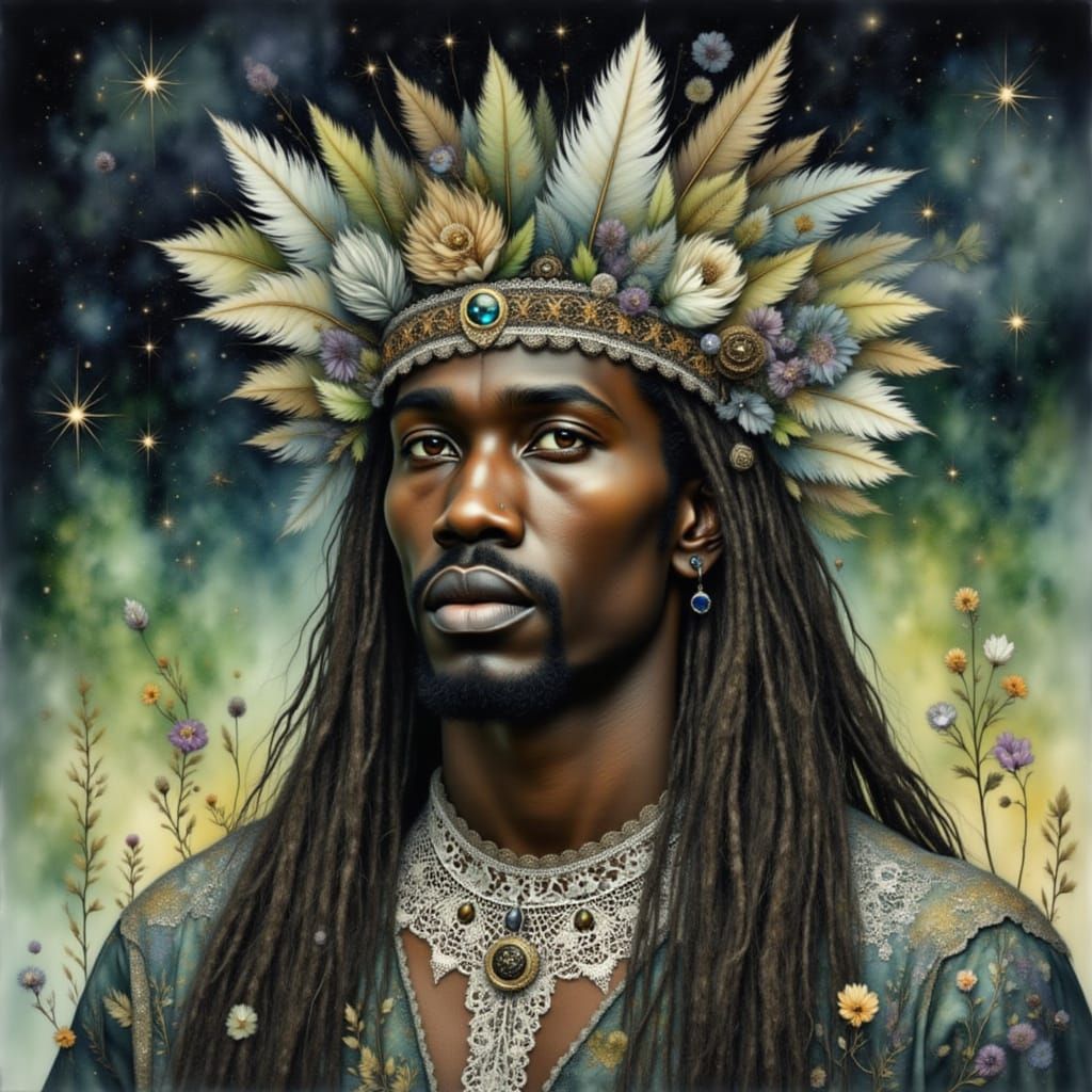 African Man in Traditional Costume with Green Aurora