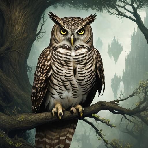 Fantastical Owl in Tree, Detailed Matte Painting
