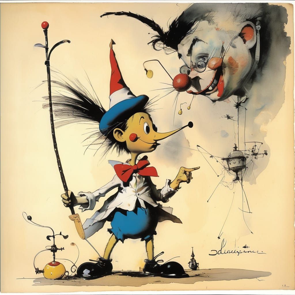 Whimsical Pinocchio Scene in Vibrant Surrealist Style