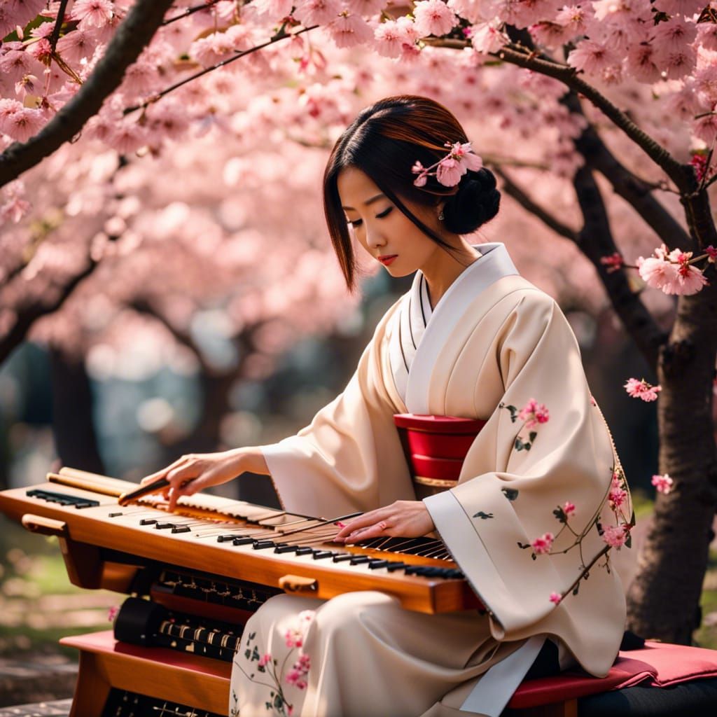 Koto Player Under Cherry Blossoms in Japan