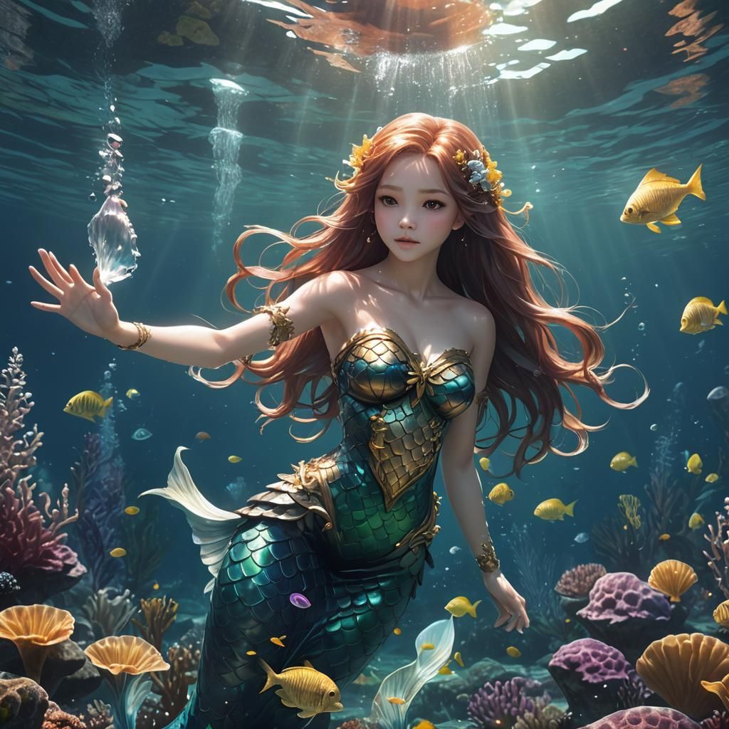 Anime Mermaid Underwater in 3D Digital Art