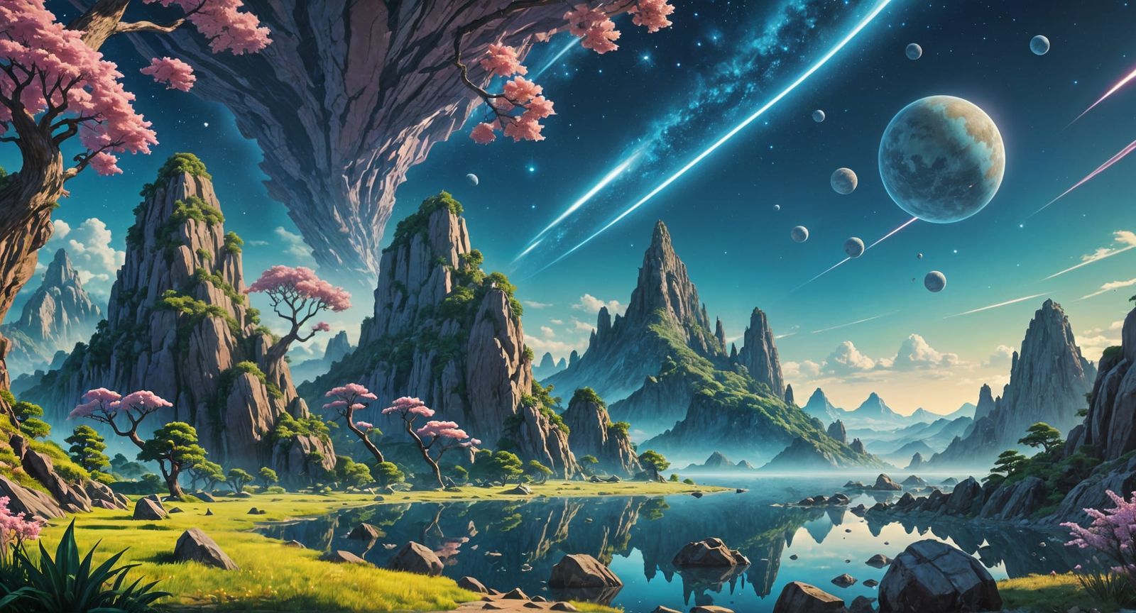 Vivid Alien World Landscape in Japanese Cartoon Style