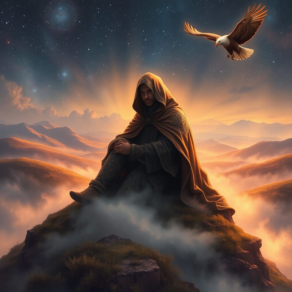 Mystical Figure on Iridescent Mist Hill