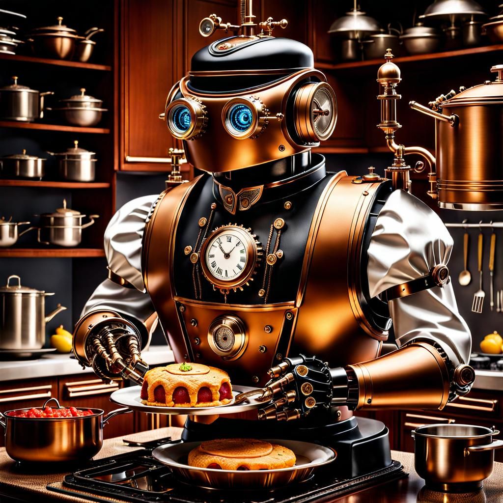 Steampunk Robot Butler Cooking, Hyperrealistic Detail