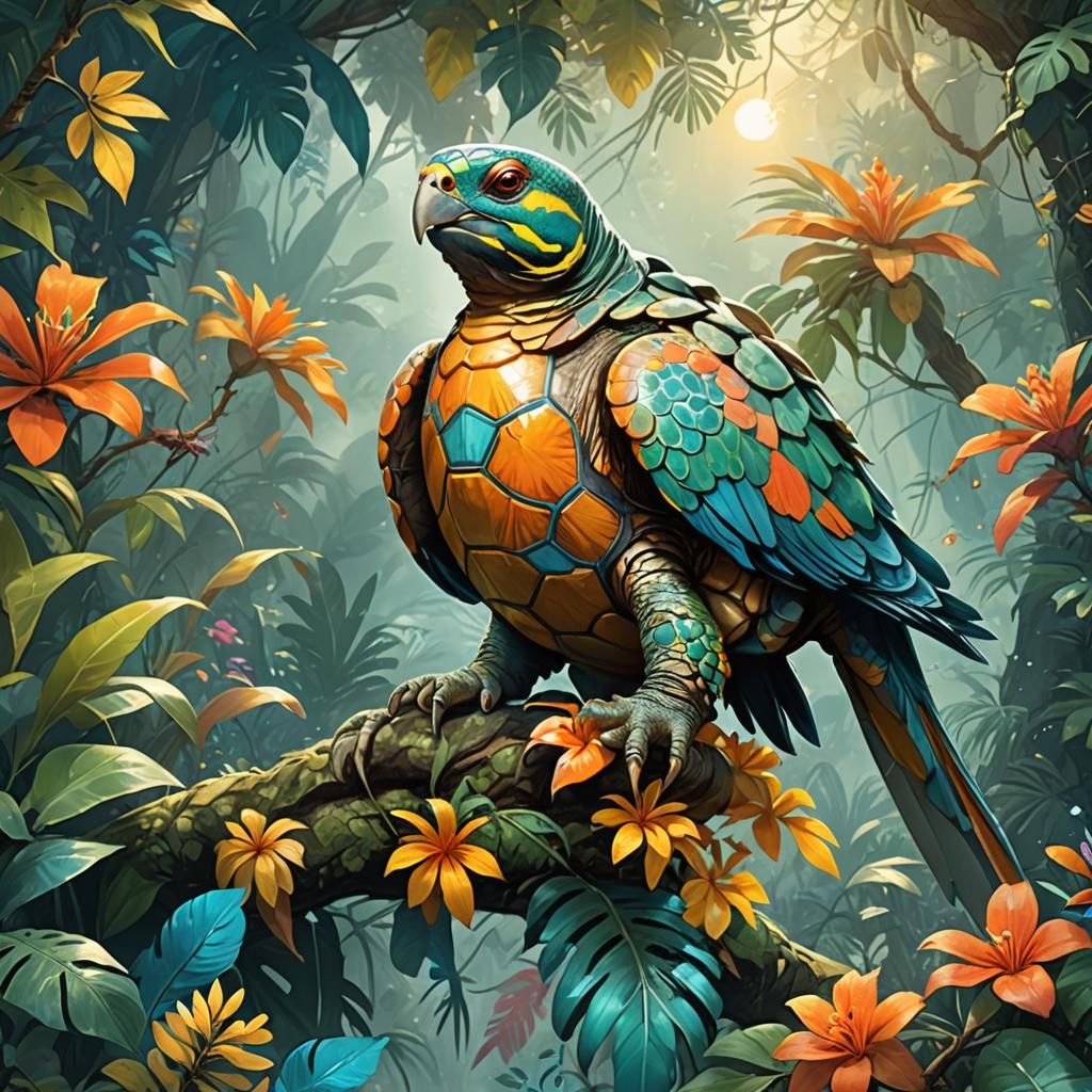 Turtle-Parrot Hybrid in Jungle, Fantasy Concept Art