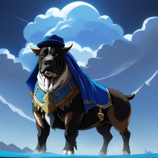 A bull arab dog wearing a blue alpine hat