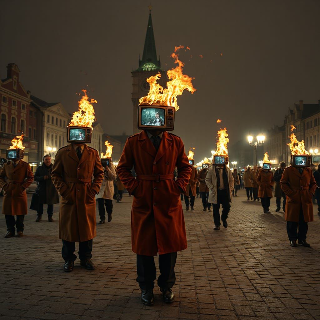 Surreal Citizens With Burning TV Heads in Town Square