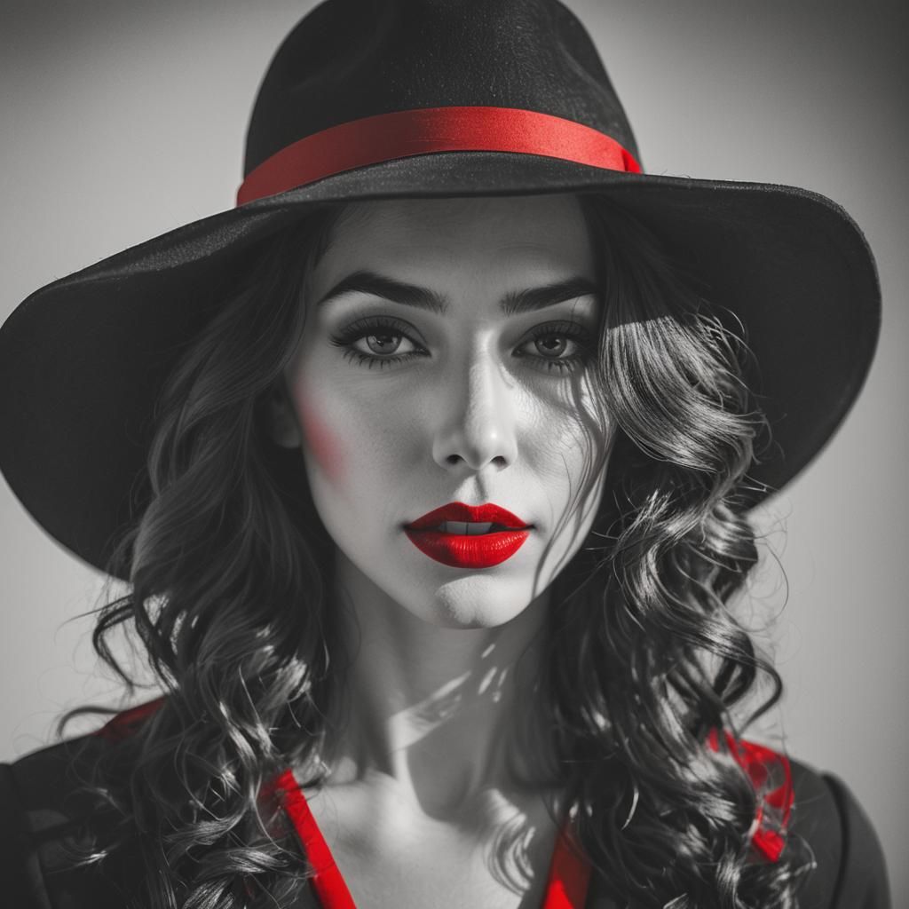 Monochrome Portrait of Woman in Hat with Red Accent