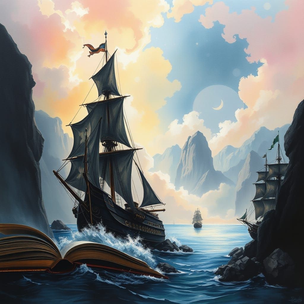 Maritime Fantasy Landscape Emerging from Book in Gouache Sty...