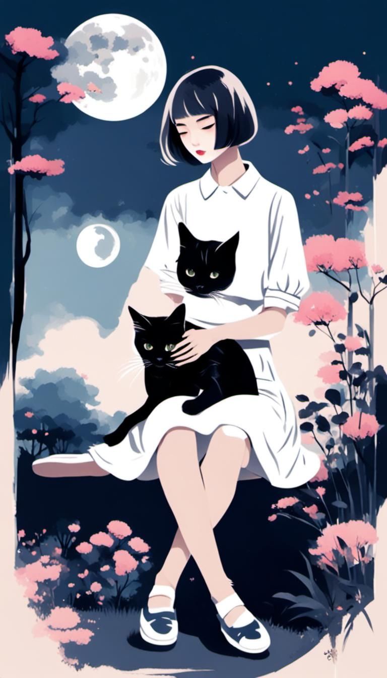 Girl with Kitten in Minimalist Chinese Ink Painting