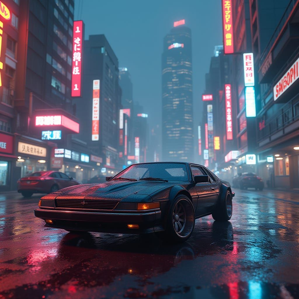 Futuristic Car in Cyberpunk Cityscape, 3D Rendered