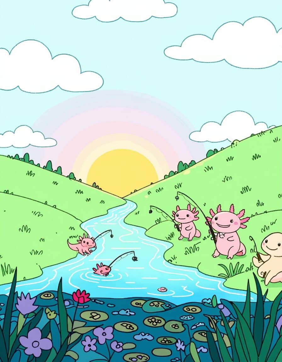 Friendly Axolotls Fishing in Textured Blue River