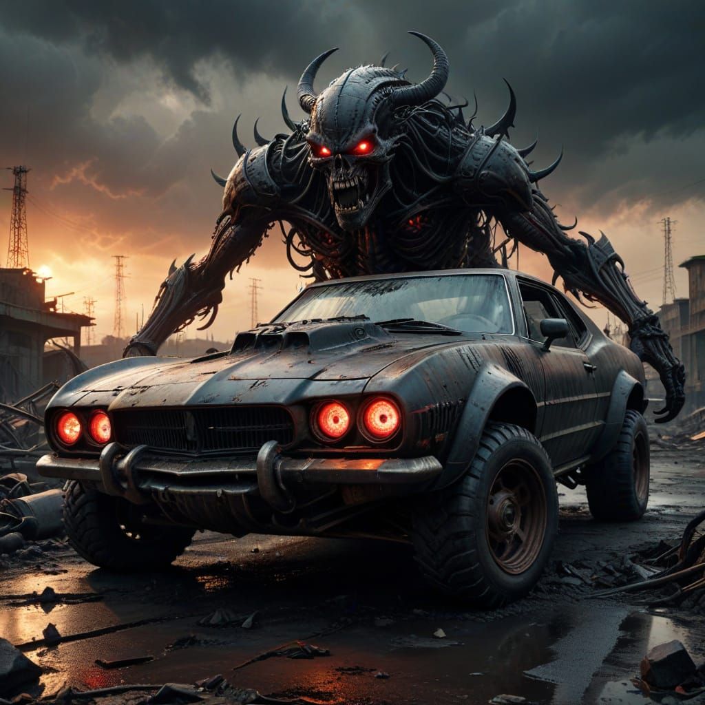 Demonic Car in Apocalyptic Ruins, in Dark Fantasy Style