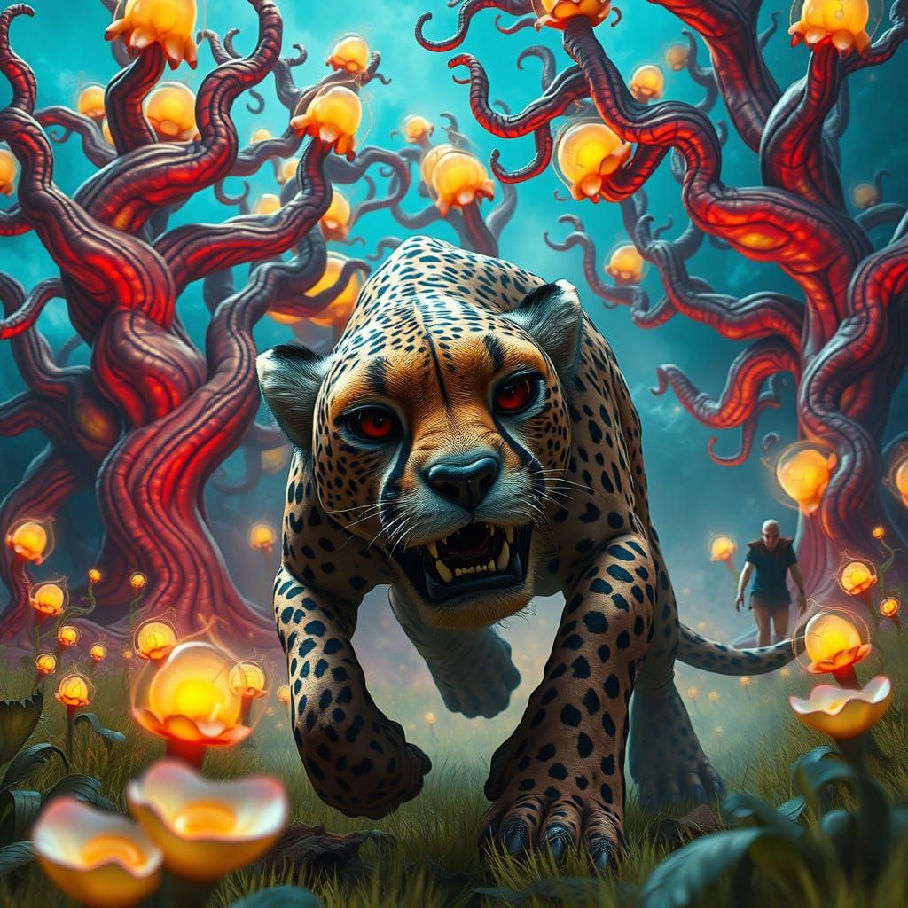 Fantastical Monster Chases Cheetah in Vibrant Alien Landscap...