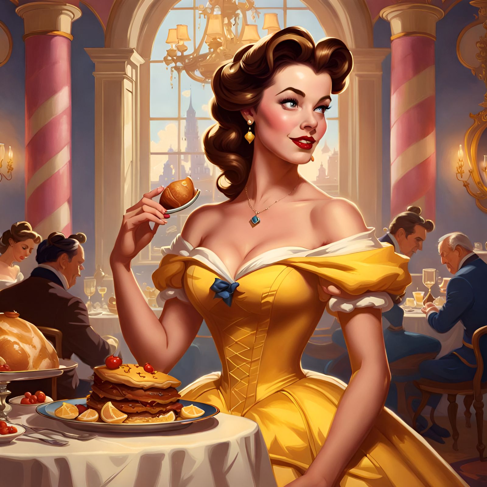 Princess Belle at a Lavish Feast, Digital Illustration