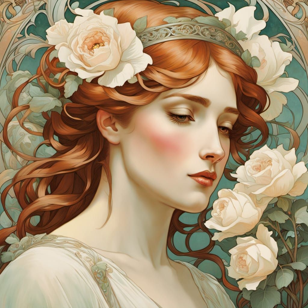 Art Nouveau Portrait: Woman and White Horse in Floral Settin...