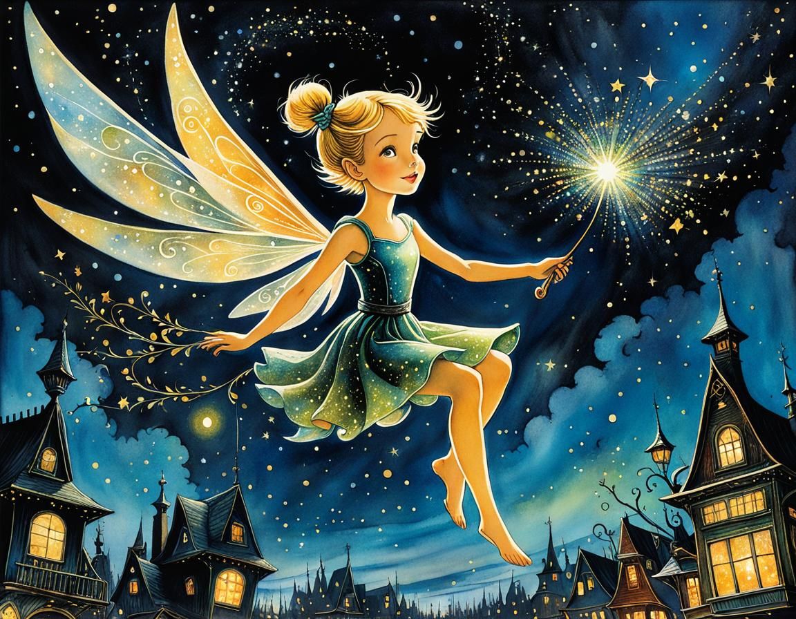 Tinkerbell in Sparkly Night Sky, Art Brut Illustration