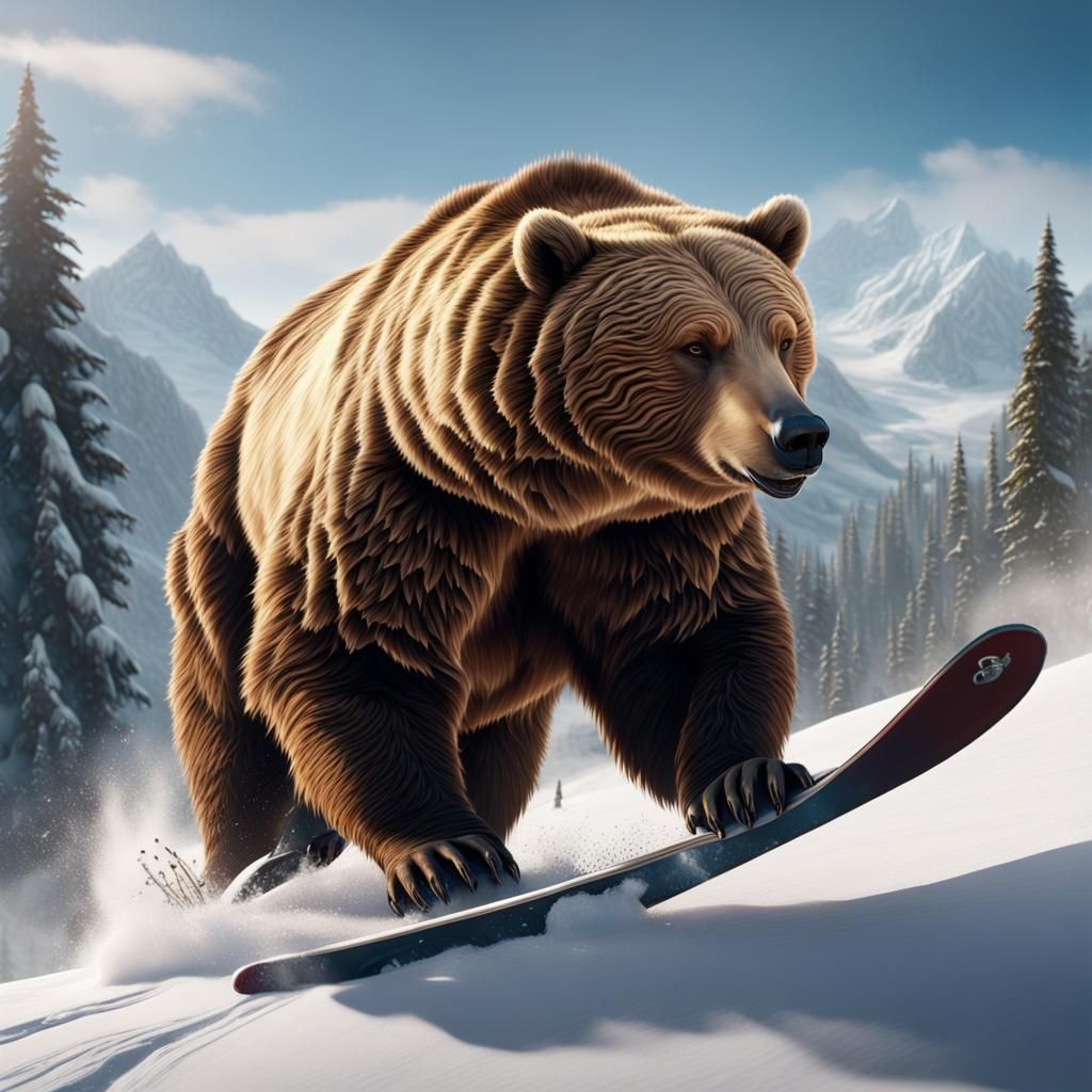 Grizzly Bear Skiing: Detailed Fantasy Concept Art