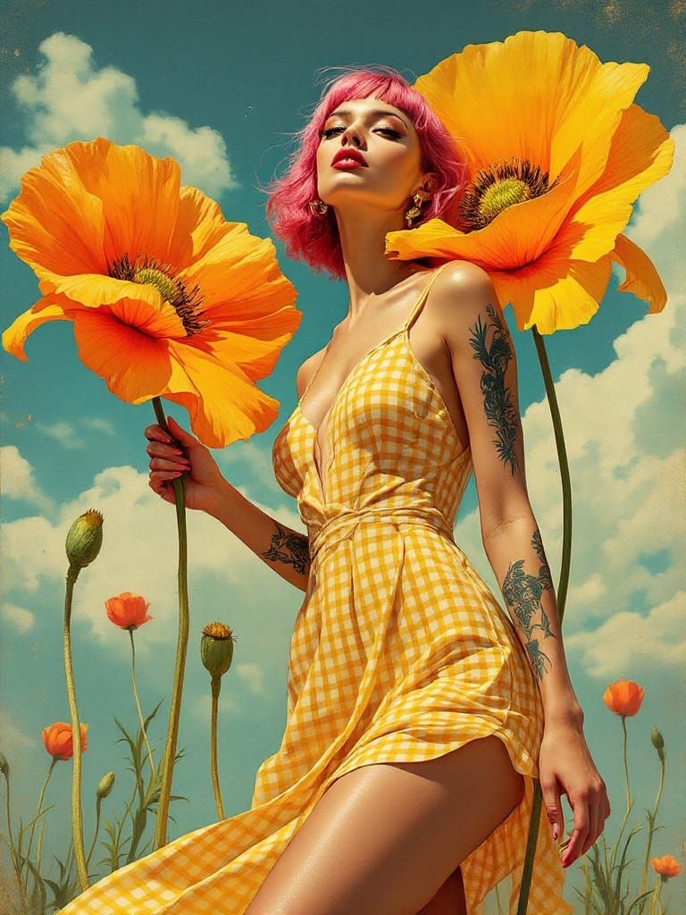 Woman Ascends With Giant Poppy, Art Deco Street Art Fusion