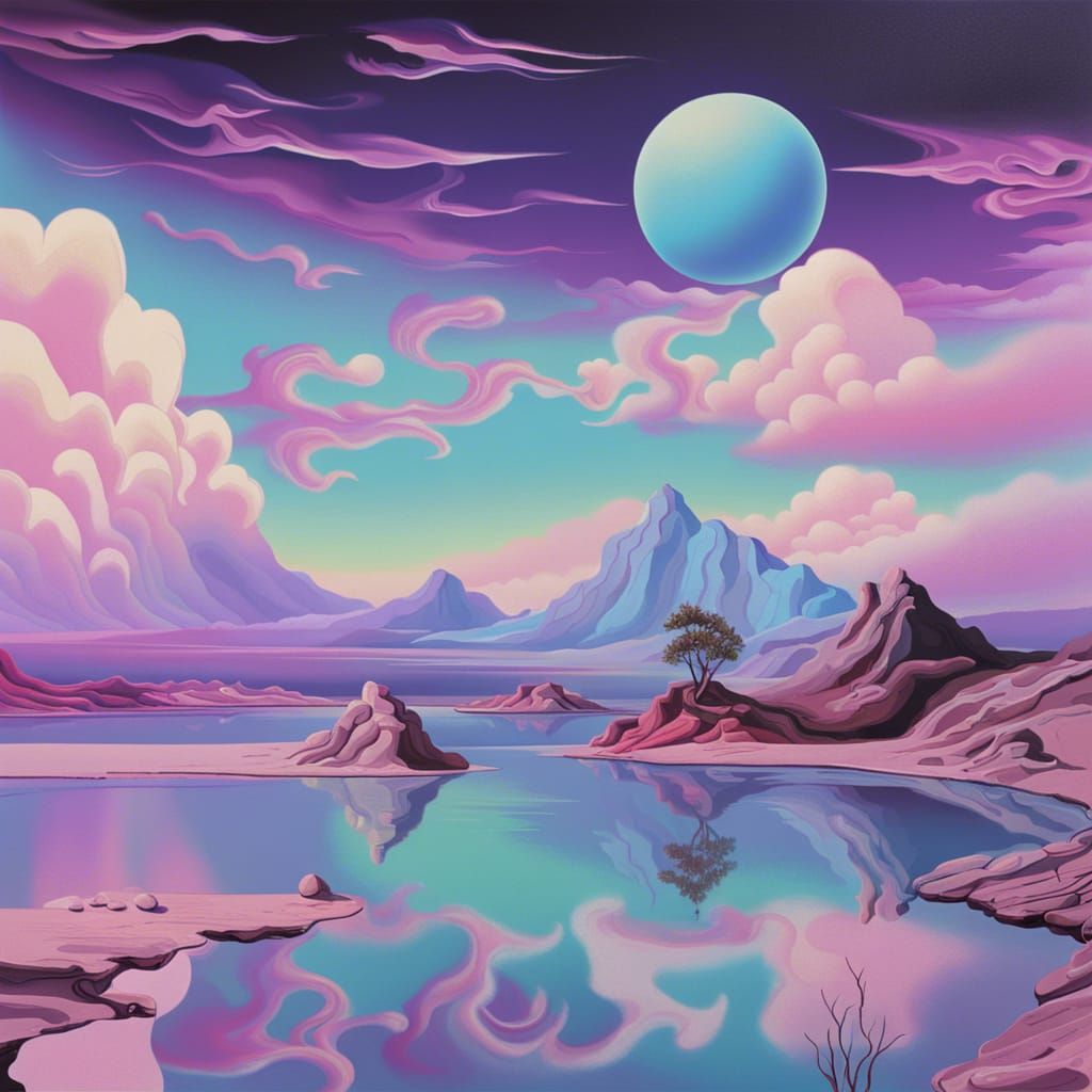Vaporwave Dreamscape: Surreal Landscape in Oil on Canvas