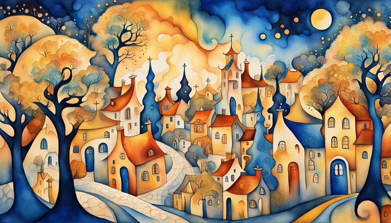 Surreal Village with Twisted Trees in Watercolor Style