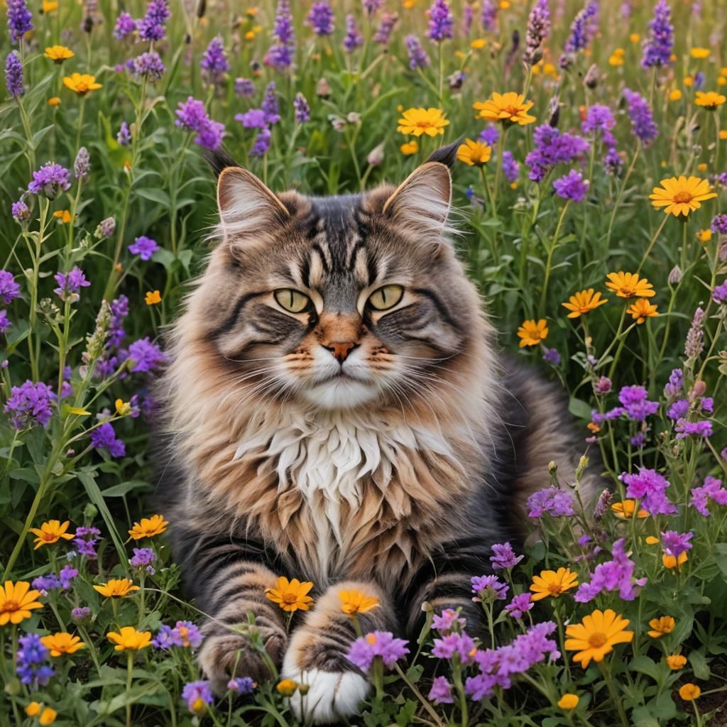 Cute Cat Sleeping in Wildflower Field